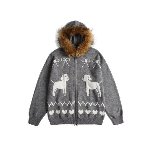 Jacquard Loose Unisex Fleece Lined Hooded Cardigan Sweater