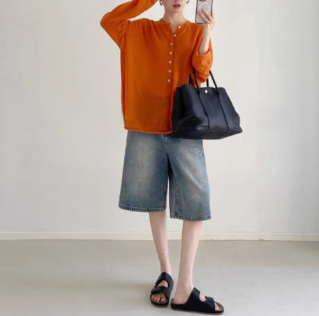 Warm Pumpkin Color Wool Knit Cardigan, Style Lazy Sweater Coat for Women