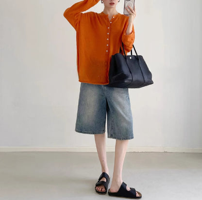 Warm Pumpkin Color Wool Knit Cardigan, Style Lazy Sweater Coat for Women