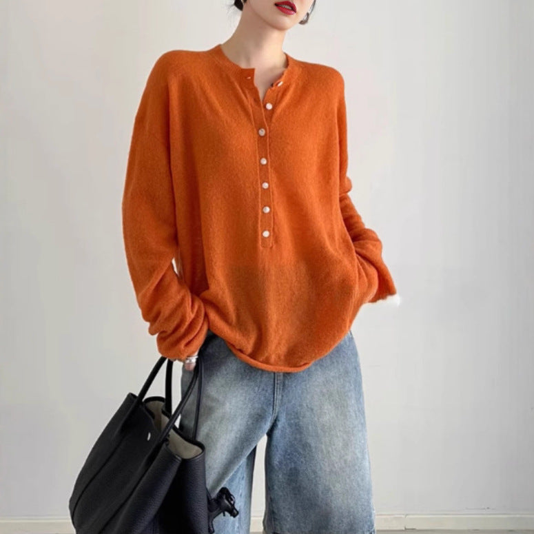 Warm Pumpkin Color Wool Knit Cardigan, Style Lazy Sweater Coat for Women