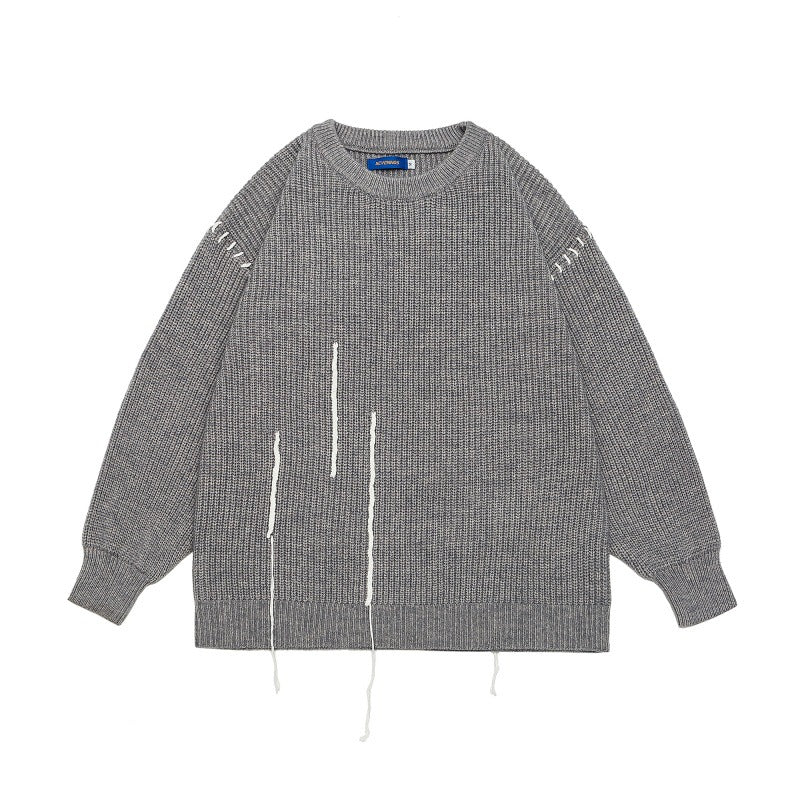 Tie-Detail Patchwork Design Unisex Loose Casual Knitwear