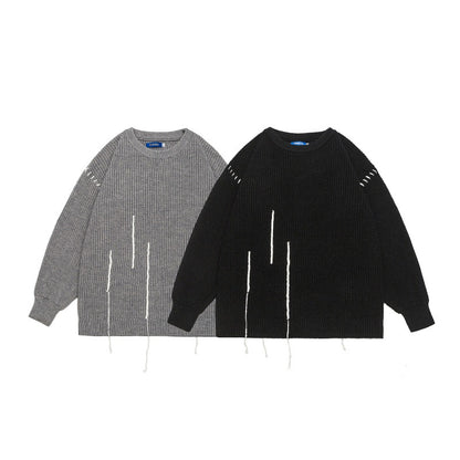 Tie-Detail Patchwork Design Unisex Loose Casual Knitwear